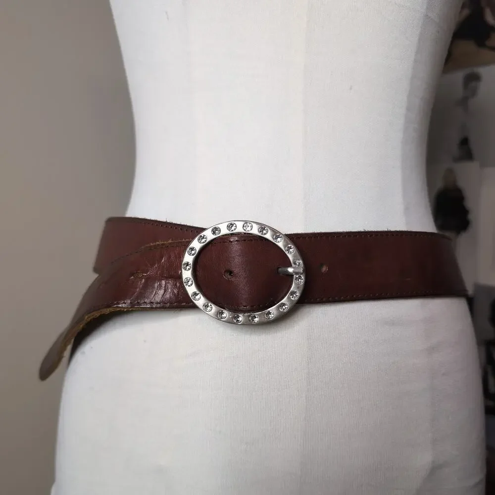 Brown Leather Belt Rhinestone Buckle Western